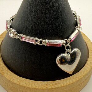 Silver Heart Charm Bracelet With Pink Rhinestone Accents & Adjustable Chain